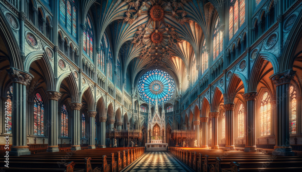 Majestic Gothic Cathedral Interior with Stained Glass and Vaulted Ceilings