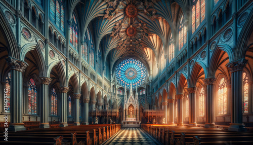 Majestic Gothic Cathedral Interior with Stained Glass and Vaulted Ceilings photo