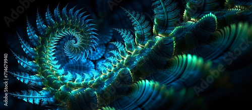 An intricate spiral of fern leaves in turquoise, blue and green colors. Panoramic Generative AI illustration. Macro. © Anastasia