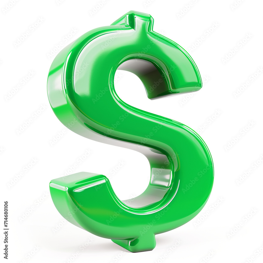 green 3d dollar sign, isolated on white background. Generative Ai.