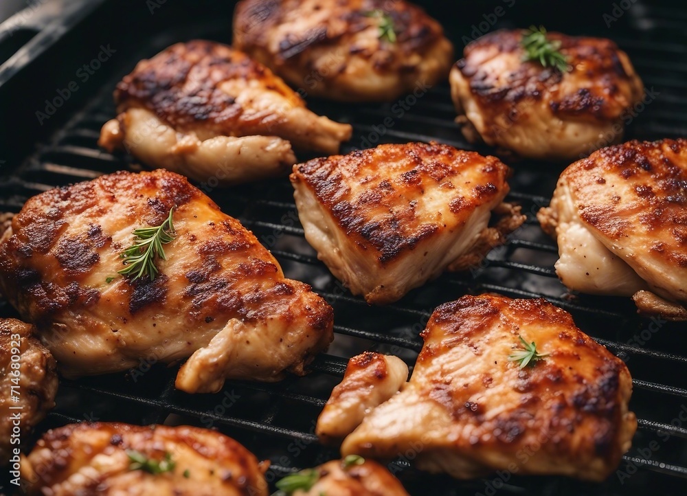 Grilled chicken breast on a barbecue grill. Barbeque concept.