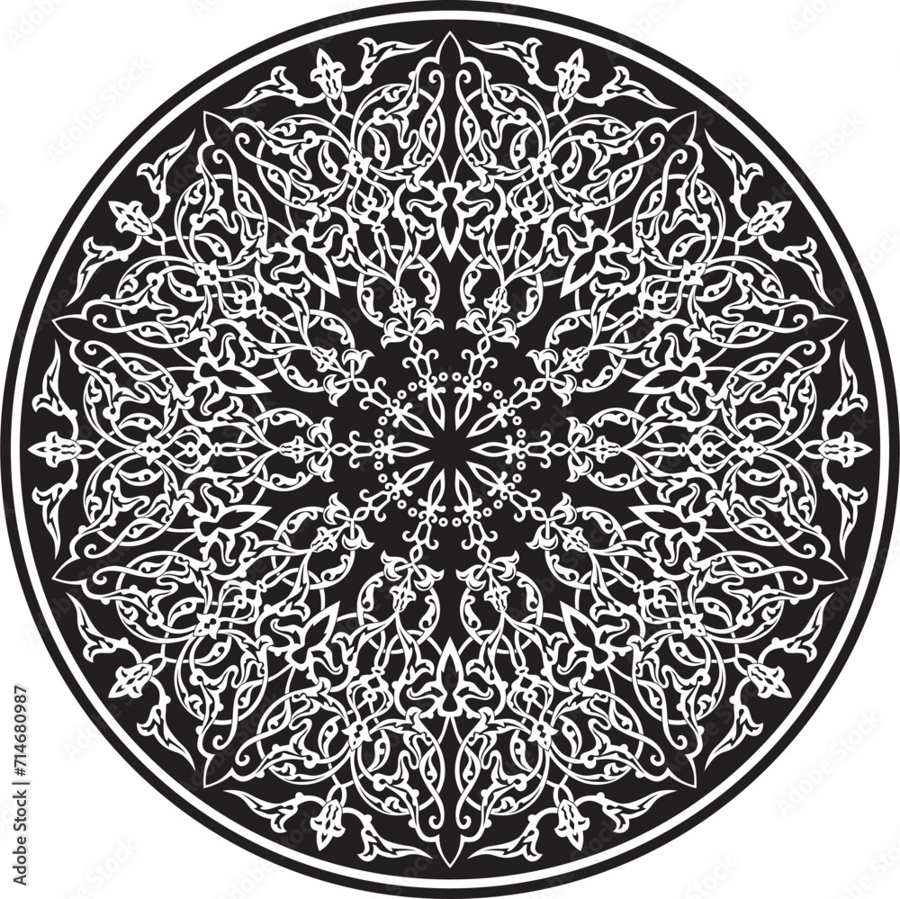 Vector monochrome black Turkish classic circle ornament. muslim round pattern for the mosque..