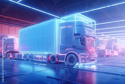 Chilled truck moving frozen food in warehouse. Storage for meals. Logistics system. Generative AI 