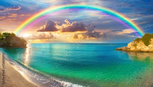 beautiful landscape with turquoise sea with double sided rainbow at sunset