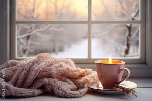 Christmas background. A cup of tea, books, a candle and a knitted scarf on the window background AI Generated  © muhmmad