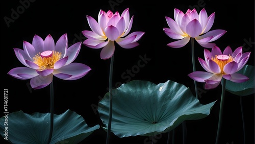 Luminous Elegance: Transparent Lotus Flowers in Electrophotography Style on Dark Background photo