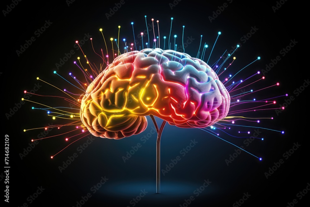 Fototapeta premium Colored Neural neuroscience love, brain amorous feelings. Chemical symphony dopamine, oxytocin, serotonin, endorphins, affection waves, passion, devotion and Phenylethylamine (PEA) romantic tapestry