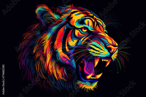 Tiger. Abstract  multicolored  neon portrait of a tiger in the style of pop art on a black background. Generative AI illustration