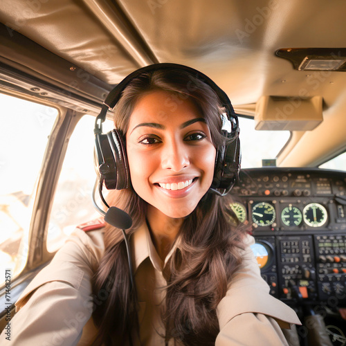 Young beautiful female pilot sitting in airplane cockpit and taking selfie