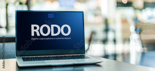Laptop computer displaying the sign of RODO