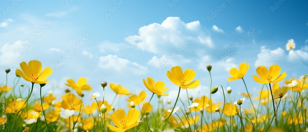 Buttercups in the breeze. Spring meadow and blue sky. Low angle view.