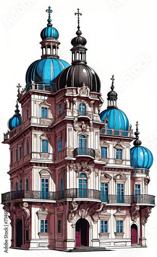 Vector color illustration, beautiful palace, architectural landmark of the 16th-18th century, isolated on a white background, graphic ink drawing. 