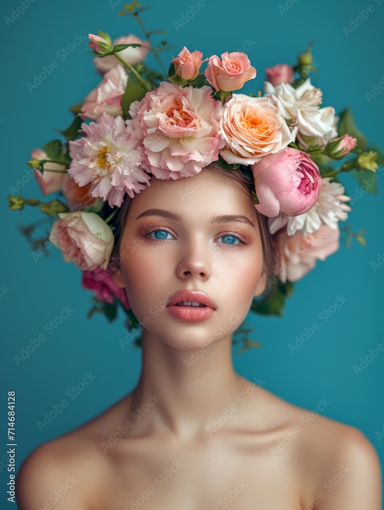 Beauty woman portrait with wreath from flowers on head blue background Beauty woman portrait with wreath from flowers on head blue background
