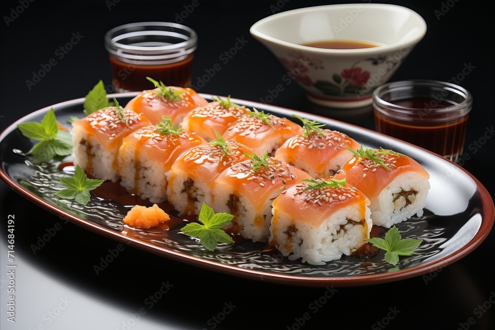 Exquisite japanese sushi and chopsticks on decorative plate against white background