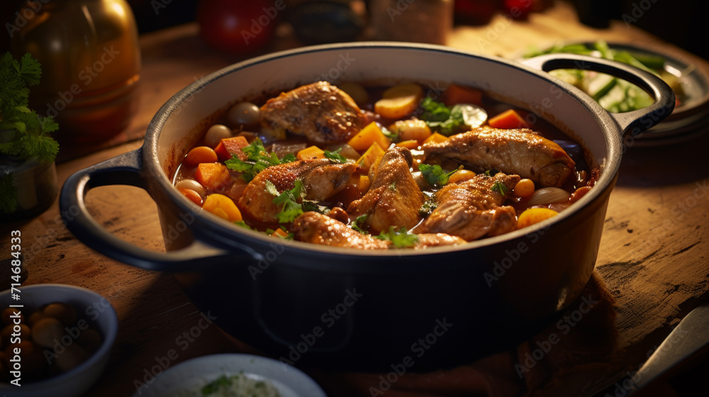 A pot of rich and hearty chicken stew, cooked with a variety of vegetables and spices, a comforting dish for Ramadan