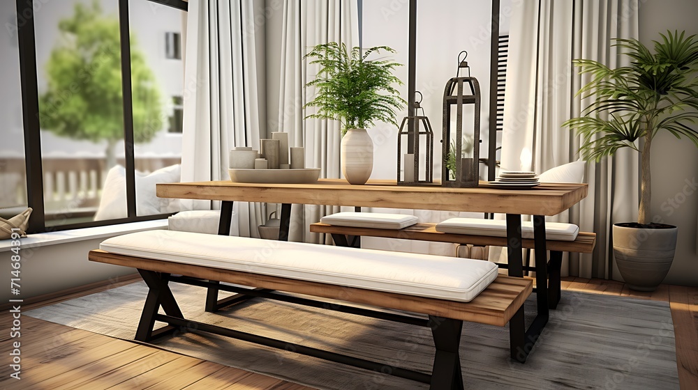 A bench along one side of the dining table for a casual feel.