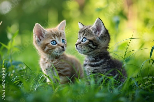 Two cute kittens standing in green grass.
