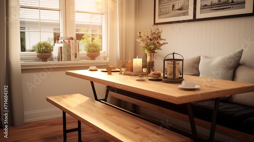 A bench along one side of the dining table for a casual feel.