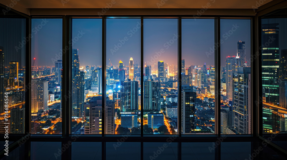 An empty room in a skyscraper and a view of the night city. Beautiful expensive property with a view. - obrazy, fototapety, plakaty 