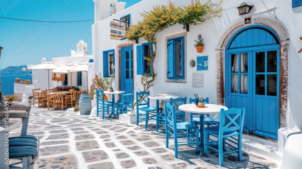 Greek culture with traditional white and blue greek architecture, taverna - obrazy, fototapety, plakaty 