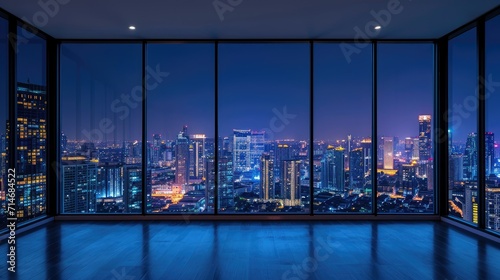 An empty room in a skyscraper and a view of the night city. Beautiful expensive property with a view. photo