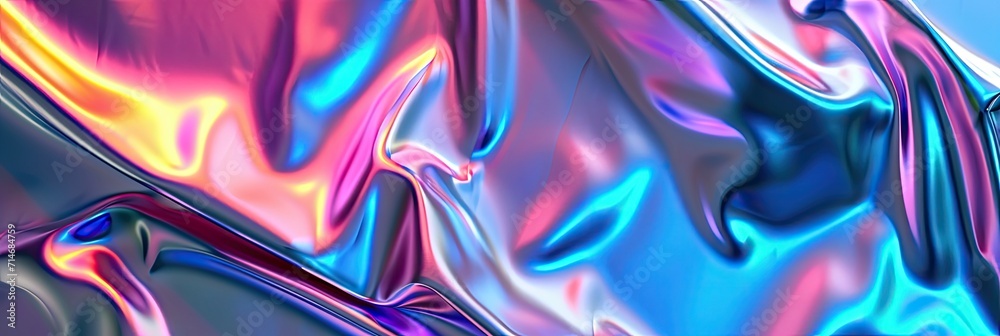 Iridescent chrome wavy gradient cloth fabric abstract background, ultraviolet holographic texture. - obrazy, fototapety, plakaty 