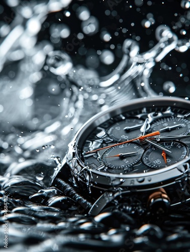 Luxury men's watch with splashing water in the background