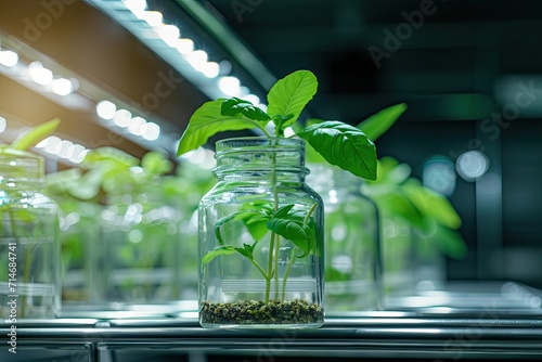 Plant research, green plant in a glass jar in a laboratory. Ecological breeding and plant development.