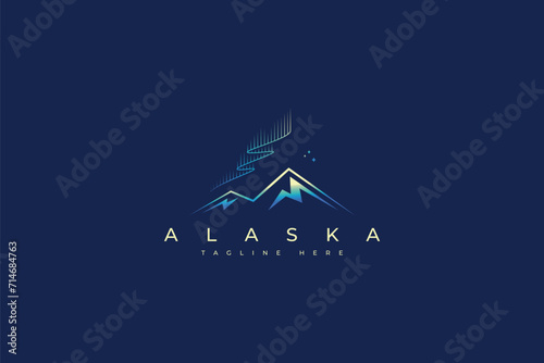 Alaska Abstract Mountain Illustration with Beauty Light Aurora at Night and Star Logo Concept