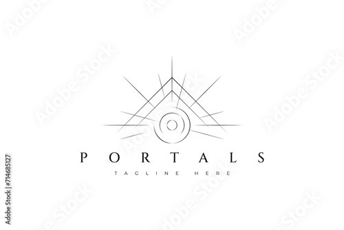 Portal Logo Abstract Magical Science Fiction Concept. Shine Bright Hole Fantasy, Pyramid, Sun, Time Traveler Illustration.