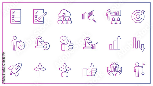 Business management line gradient icon set. Graph, target, chart. Business concept. Can be used for topics like finance, management, strategy