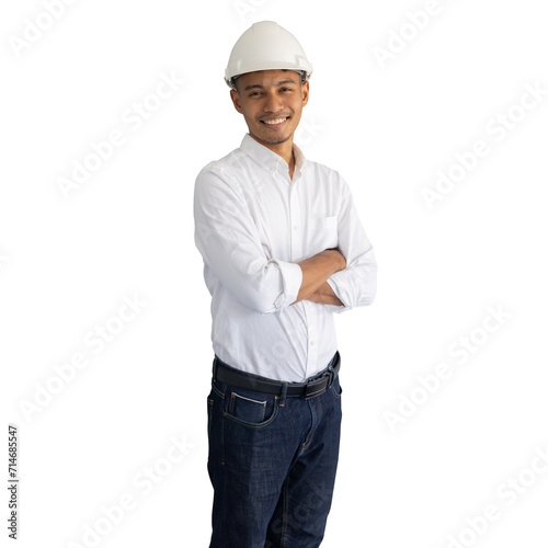 close up indian engineer man smile while open blueprint of building project isolated on transparent background for civil and construction commercial concept