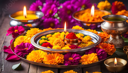 Traditional Indian Thali puja with marigolds, lit candle, incense and bokeh, Indian holidays,