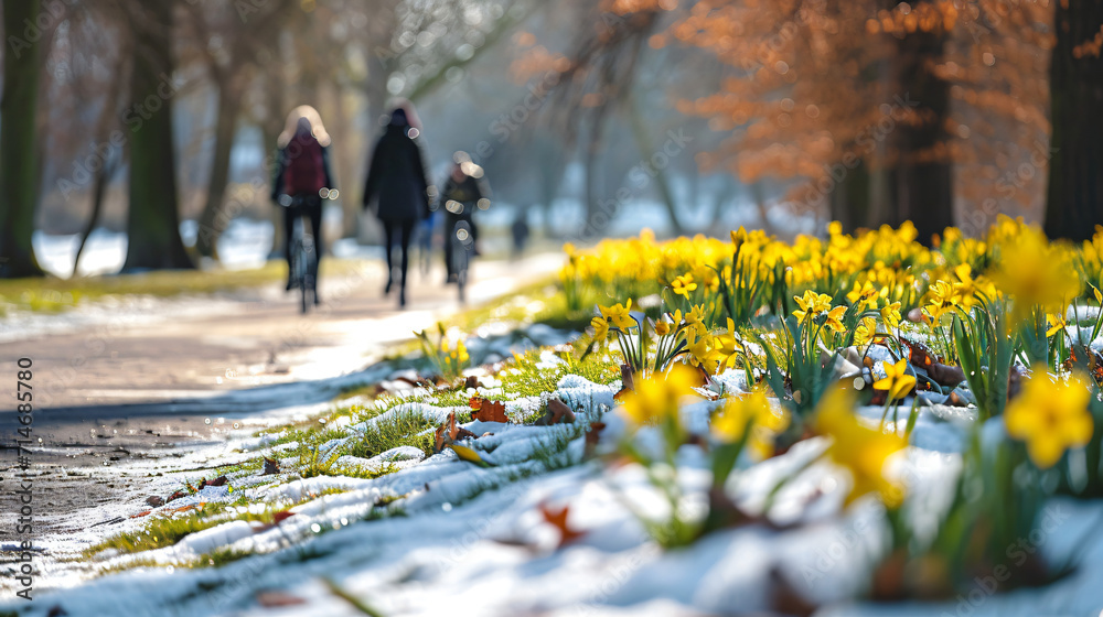 Obraz premium Winter to Spring Transition in Park Landscape with Melting Snow and Emerging Greenery