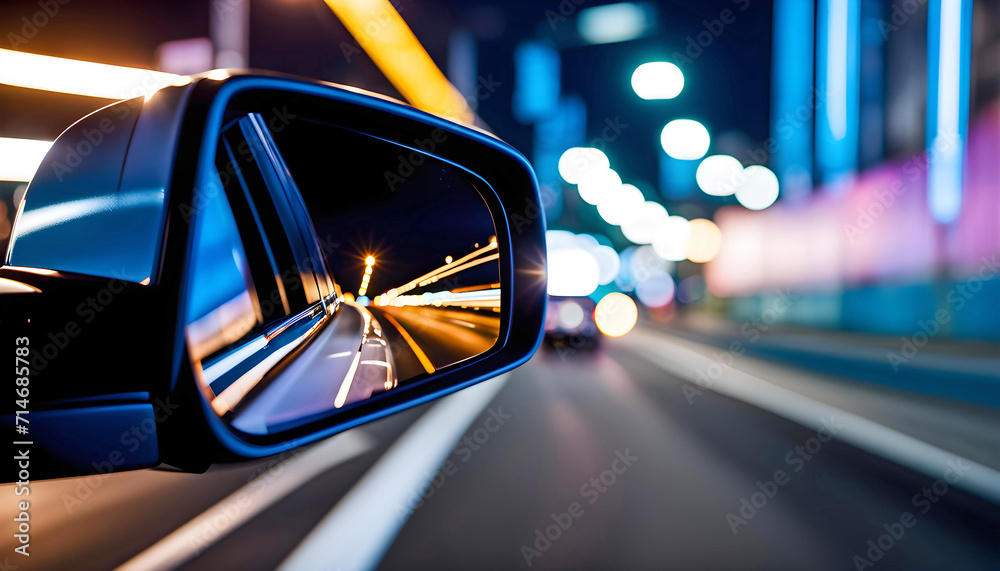 View of the side mirror from the rear of a business class car driving along the line at high speed. A car rushes along the highway in the city at night, - obrazy, fototapety, plakaty 