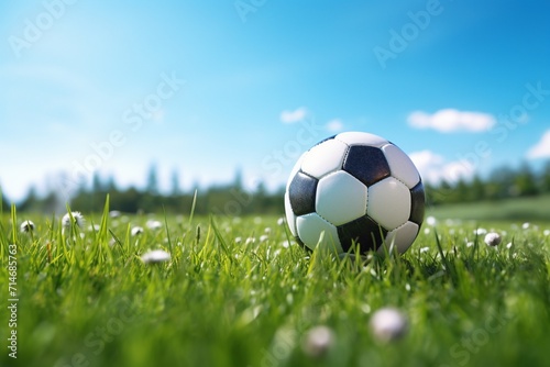 soccer ball resting on the lush field grass.