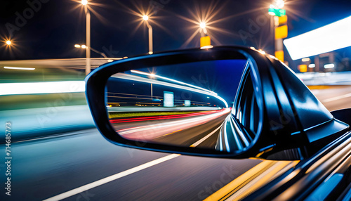 View of the side mirror from the rear of a business class car driving along the line at high speed. A car rushes along the highway in the city at night,