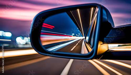View of the side mirror from the rear of a business class car driving along the line at high speed. A car rushes along the highway in the city at night,