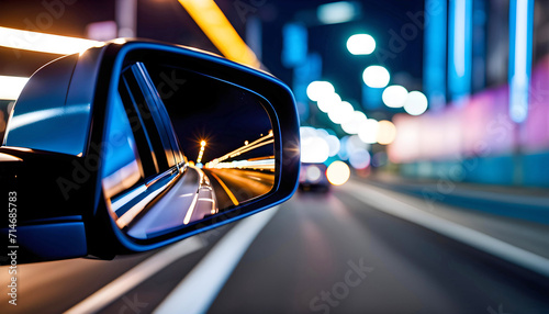 View of the side mirror from the rear of a business class car driving along the line at high speed. A car rushes along the highway in the city at night, © Perecciv
