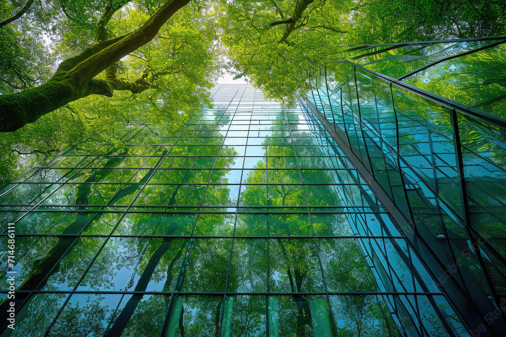Image showcasing green office. Eco-friendly building in the modern city. Sustainable ...
