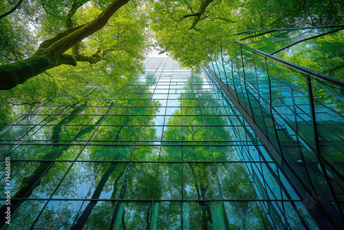 green office. Eco-friendly building in the modern city. Sustainable glass office building with tree for reducing carbon dioxide. Office building with green environment. Corporate building reduce CO2. 