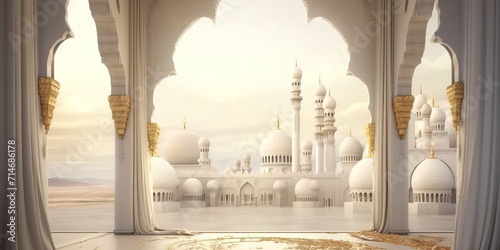 A view of the cream-colored mosque in the photo from a place with pillars beside it
