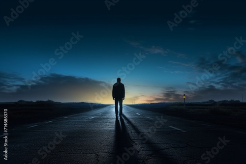 Silhouetted man on an isolated and empty road.