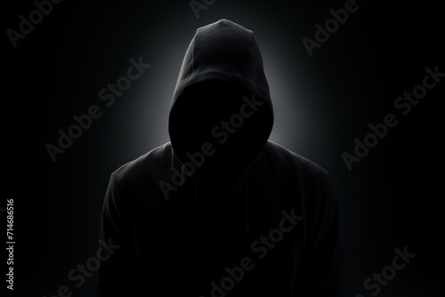 Silhouetted against a white backdrop, a hooded hacker appears in the dark.