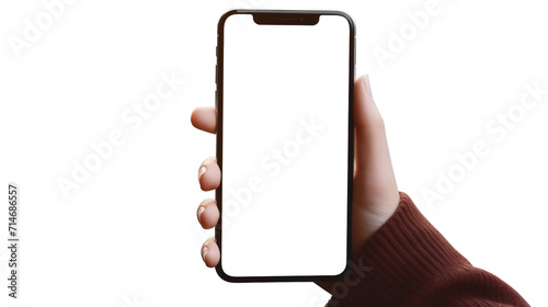 Hand holding the black smartphone with blank screen and modern frameless design, hold Mobile phone on transparent background photo