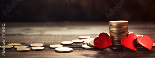 hearts and coins on a wooden background. the concept of funds for treatment photo