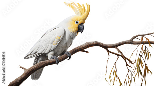 Yellow-crested cockatoo (Cacatua sulphurea) perched on a tree branch isolated clipping path photo