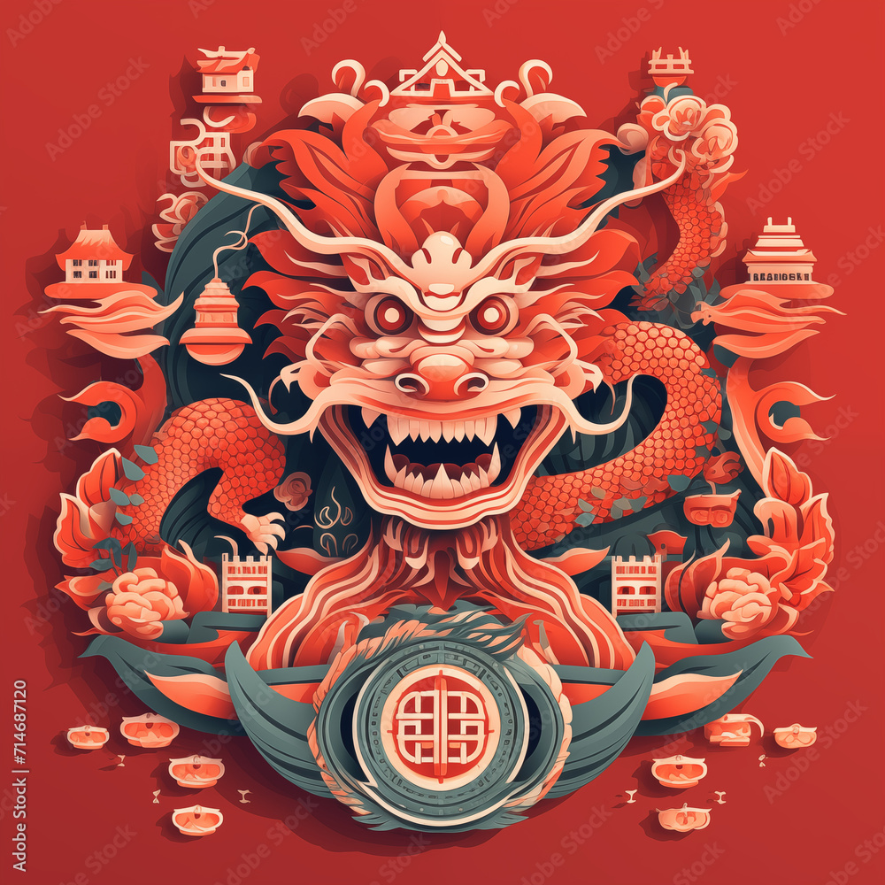 Chinese new year with red  background  in 3D dragon as Generative AI