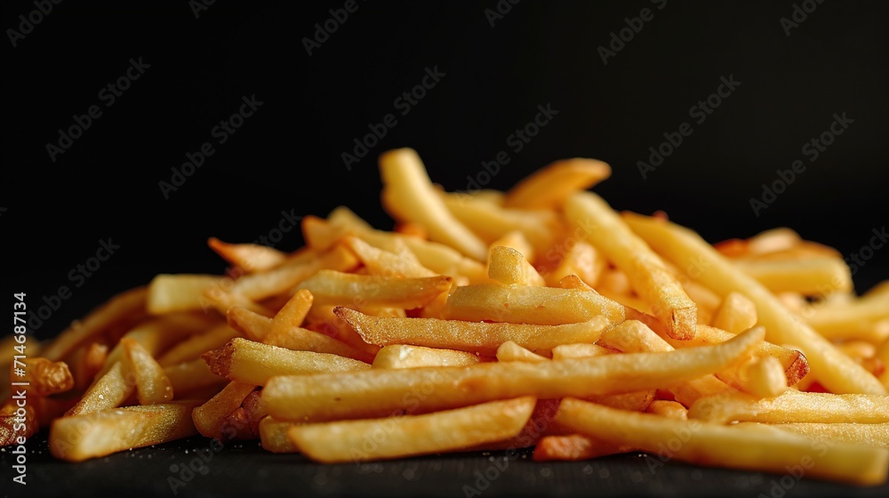 A close-up of golden French fries scattered on a dark surface, illuminated to highlight their crispy texture and tempting appeal. A close-up of golden French fries scattered on a dark surface, illuminated to highlight their crispy texture and tempting appeal.