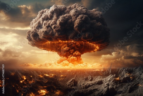 Scary apocalyptic scene with a nuclear bomb explosion and mushroom cloud.